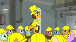 Size: 1920x1080 | Tagged: safe, screencap, banana mash, cheese sandwich, doctor hoozonfurst, giggleberry, lavender chuckle, pun twirl, summermint, earth pony, pony, g4, the last laugh, background pony, bipedal, cane, clothes, hard hat, hat, male, stallion, suit, top hat, unnamed character, unnamed pony