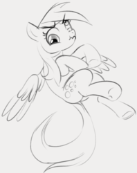 Size: 678x858 | Tagged: safe, artist:dotkwa, derpy hooves, pegasus, pony, g4, butt, female, flying, grayscale, mare, monochrome, plot, scrunchy face, simple background, solo, wings