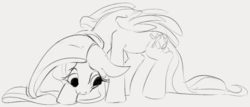 Size: 891x382 | Tagged: safe, artist:dotkwa, fluttershy, pegasus, pony, g4, female, floppy ears, grayscale, head down, looking away, looking down, mare, monochrome, simple background, sketch, solo, standing, three quarter view, wings