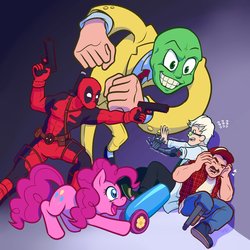 Size: 3850x3850 | Tagged: safe, artist:tyscope, pinkie pie, earth pony, pony, g4, boomstick (death battle), deadpool, death battle, death battle!: deadpool vs pinkie pie, exploitable meme, gun, handgun, high res, meme, party cannon, pistol, the fourth wall cannot save you, the mask, wiz (death battle)