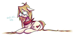 Size: 4960x2470 | Tagged: safe, artist:coco-drillo, oc, oc only, oc:cocodrillo, earth pony, pony, clothes, colorful, floppy ears, glasses, long mane, messy mane, prone, scar, scarf, solo, stitches