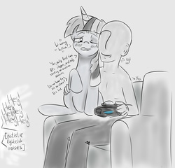 Size: 3842x3681 | Tagged: safe, artist:yukkuripalehorse, twilight sparkle, oc, oc:anon, human, pony, g4, bait and switch, controller, dialogue, dualshock controller, high res, innocent innuendo, video game