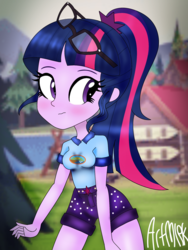 Size: 1536x2048 | Tagged: safe, artist:artmlpk, sci-twi, twilight sparkle, equestria girls, g4, legend of everfree, blushing, breasts, camp everfree outfits, clothes, cute, female, glasses, hand on thigh, legs, looking back, ponytail, shirt, shorts, solo, t-shirt, thighs, twiabetes