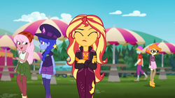 Size: 1920x1080 | Tagged: safe, screencap, fry lilac, raspberry lilac, scribble dee, space camp, sunset shimmer, equestria girls, equestria girls specials, g4, my little pony equestria girls: better together, my little pony equestria girls: sunset's backstage pass, angry, bandana, clothes, crossed arms, female, frustrated, frustration, geode of empathy, hat, magical geodes, male, outdoors, shorts, umbrella