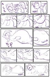 Size: 724x1103 | Tagged: safe, artist:candyclumsy, rainbow dash, pegasus, pony, comic:don't play with potions, g4, accident, barn, belly, belly expansion, bulging, butt, comic, commissioner:bigonionbean, cutie mark, growth, pain, plot, sagging, shocked expression, sketch, sketch dump, species swap, sweet apple acres, swelling, transformation, writer:bigonionbean