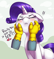 Size: 2562x2796 | Tagged: safe, artist:pabbley, gabby, rarity, griffon, pony, unicorn, g4, :c, >:c, abstract background, blushing, cheek pinch, cheek squish, cheeks, cute, dialogue, disembodied hand, duo, duo female, exclamation point, eyes closed, female, frown, grabbing, hand, heart, high res, mare, offscreen character, pov, raribetes, rarity is a marshmallow, rarity is not amused, sitting, soft, squishy cheeks, unamused