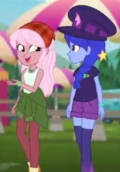 Size: 347x499 | Tagged: safe, screencap, raspberry lilac, space camp, equestria girls, equestria girls series, g4, clothes, cropped, duo, hat, talking, tank top, walking