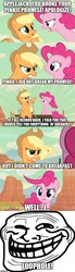 Size: 500x1813 | Tagged: safe, edit, edited screencap, screencap, applejack, pinkie pie, earth pony, pony, g4, the last roundup, caption, desert, dialogue, image macro, loophole, meme, pinkie promise, quote, stagecoach, text, trollface