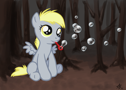 Size: 1140x810 | Tagged: safe, artist:blackfeathr, derpy hooves, pegasus, pony, fanfic:bubbles, g4, bubble, fanfic, female, filly, solo