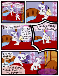 Size: 3500x4500 | Tagged: dead source, safe, artist:becauseimpink, sweetie belle, pony, unicorn, comic:transition, g4, bed, colt, comic, dialogue, eyes closed, female, male, pillow, rule 63, sad, silver bell, stallion, transgender