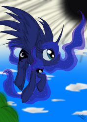 Size: 985x1385 | Tagged: safe, artist:didun850, princess luna, alicorn, pony, g4, cloud, ethereal mane, female, flying, looking up, mare, solo, starry mane