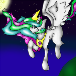 Size: 2264x2248 | Tagged: safe, artist:shamshl, princess celestia, alicorn, pony, g4, female, flying, high res, looking up, mare, moon, night, solo, stars