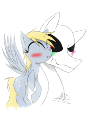 Size: 1000x1400 | Tagged: safe, artist:didun850, derpy hooves, oc, oc:white the rainbow factor, earth pony, pegasus, pony, g4, black sclera, blushing, canon x oc, eyes closed, female, male, mare, simple background, smiling, solo, stallion, white background, white the rainbow factor