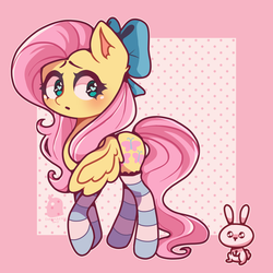Size: 1100x1100 | Tagged: safe, artist:funkychickenamy, angel bunny, fluttershy, pegasus, pony, rabbit, g4, abstract background, animal, blushing, bow, clothes, cute, cutie mark, ear fluff, female, hair bow, heart eyes, looking sideways, mare, one wing out, open mouth, pink background, polka dots, shyabetes, simple background, socks, solo, striped socks, three quarter view, wingding eyes, wings