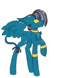 Size: 642x818 | Tagged: safe, artist:hunterthewastelander, oc, oc only, hybrid, pegasus, pony, chest fluff, interspecies offspring, male, offspring, parent:ahuizotl, parent:daring do, parents:darizotl, pegasus oc, prehensile tail, raised hoof, simple background, solo, stallion, white background, wings