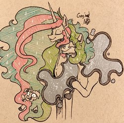Size: 2048x2029 | Tagged: safe, artist:greyscaleart, princess celestia, princess luna, twilight sparkle, alicorn, pony, unicorn, the tiny apprentice, g4, constellation freckles, ethereal mane, female, filly, filly twilight sparkle, high res, partial color, royal sisters, traditional art, younger