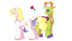 Size: 1280x732 | Tagged: safe, artist:itstechtock, prince blueblood, thorax, changedling, changeling, pony, g4, flower, gay, king thorax, magic, male, rose