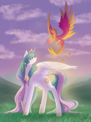 Size: 1086x1450 | Tagged: safe, artist:scarletsfeed, philomena, princess celestia, alicorn, bird, phoenix, pony, g4, cloud, digital art, duo, female, mare, sky, spread wings, wings