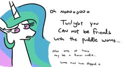 Size: 1062x573 | Tagged: safe, artist:jargon scott, princess celestia, alicorn, pony, comic:puddle worms™, g4, bust, confused, dialogue, female, frown, implied princess luna, implied puddle worms™, implied twilight sparkle, lidded eyes, looking down, mare, simple background, solo, white background, worried