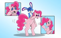 Size: 2000x1250 | Tagged: safe, artist:fox0808, pinkie pie, earth pony, pony, g4, bodysuit, bouncing, clothes, costume, disguise, female, furry, mask, masking, pinkie pie suit, pinkie suit, ponysuit, rubber, solo
