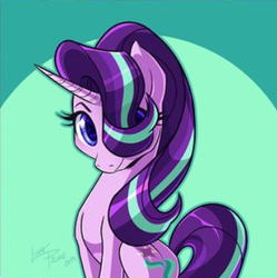 Size: 357x359 | Tagged: safe, artist:linaprime, starlight glimmer, pony, unicorn, g4, cropped, cute, female, glimmerbetes, hair over one eye, lowres, mare, sitting, smiling, solo