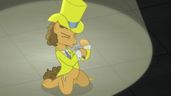 Size: 1920x1080 | Tagged: safe, screencap, cheese sandwich, earth pony, pony, g4, the last laugh, clothes, hat, kneeling, male, microphone, solo, spotlight, stallion, suit, top hat