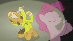 Size: 1920x1080 | Tagged: safe, screencap, cheese sandwich, pinkie pie, pony, g4, the last laugh, clothes, hat, microphone, spotlight, suit, top hat