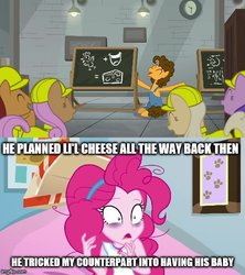 Size: 500x562 | Tagged: safe, screencap, banana mash, cheese sandwich, petal smiles, pinkie pie, pun twirl, pony, equestria girls, g4, the last laugh, caption, conspiracy, conspiracy theory, image macro, text