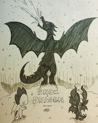 Size: 3024x3780 | Tagged: safe, artist:loreto-arts, spike, oc, dragon, g4, dragon oc, high res, inktober, monochrome, snow, traditional art, winged spike, wings