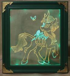 Size: 858x931 | Tagged: safe, artist:ashenonedreamer, artist:yakovlev-vad, autumn blaze, butterfly, kirin, g4, craft, engraving, female, led, mare, nightlight, saddle bag, solo, story included
