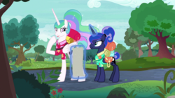 Size: 1920x1080 | Tagged: safe, screencap, princess celestia, princess luna, alicorn, pony, between dark and dawn, g4, alternate hairstyle, bare hooves, beautiful, cheerful, clothes, duo, excited, eyeshadow, female, folded wings, glowing horn, hair bun, hawaiian shirt, horn, levitation, looking at each other, luggage, magic, magic aura, makeup, mare, ponytail, raised hoof, royal sisters, schedule, shirt, siblings, sisters, smiling, tail bun, telekinesis, vacation, wings