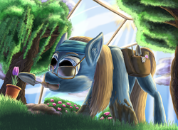 Size: 1751x1284 | Tagged: safe, artist:firefanatic, oc, oc only, earth pony, pony, cloud, digital painting, dirty, flower pot, gardening, glasses, greenhouse, mouth hold, mud, rose bush, saddle bag, seeds, sun, tree, trowel, tulip, weeping willow