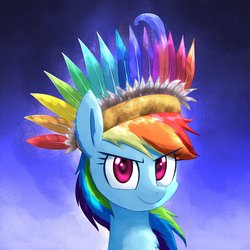 Size: 3000x3000 | Tagged: safe, artist:yinglung, rainbow dash, pegasus, pony, fanfic:evenfall, g4, bust, chest fluff, fanfic art, feather, female, headdress, high res, portrait, solo, tribal