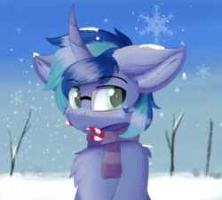 Size: 1333x1200 | Tagged: safe, artist:lunar froxy, oc, oc only, oc:blue cola, pony, bust, candy, candy cane, clothes, food, glasses, male, portrait, scarf, snow, solo, stallion, winter