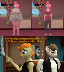 Size: 1920x2160 | Tagged: safe, artist:papadragon69, pinkie pie, pound cake, pumpkin cake, anthro, g4, 3d, before and after, chubby, comic, fat, pudgy pie, source filmmaker, weight loss