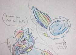 Size: 1054x758 | Tagged: safe, artist:gmangamer25, rainbow dash, pegasus, pony, g4, ball, blushing, crossover, dialogue, dream, female, male, mare, open mouth, rainball, rolling, sleeping, sonic the hedgehog, sonic the hedgehog (series), spin dash, traditional art