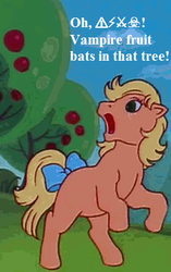 Size: 250x399 | Tagged: safe, edit, edited screencap, editor:korora, screencap, applejack (g1), earth pony, pony, g1, g4, rescue at midnight castle, apple, apple tree, bow, censored vulgarity, cropped, food, g4 to g1, generation leap, grass, grawlixes, rearing, sky, speech, tail bow, tree