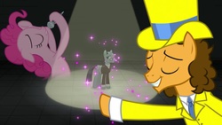 Size: 1920x1080 | Tagged: safe, screencap, cheese sandwich, pinkie pie, sans smirk, pony, g4, the last laugh, clothes, glasses, glitter, hat, microphone, suit, top hat