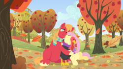 Size: 2880x1620 | Tagged: safe, anonymous artist, big macintosh, fluttershy, bird, earth pony, pegasus, pony, turkey, series:fm holidays, g4, apple, apple tree, autumn, autumn leaves, clothes, eyes closed, falling leaves, female, holiday, hug, leaf, leaves, lineless, male, no pupils, nose in the air, nuzzling, one eye closed, scarf, ship:fluttermac, shipping, straight, sweater, sweatershy, sweet apple acres, thanksgiving, tree