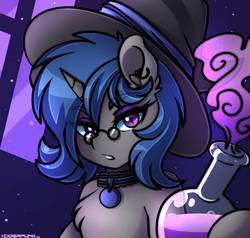 Size: 916x873 | Tagged: safe, artist:ciderpunk, oc, oc only, oc:azure moon, pony, glasses, hat, jewelry, necklace, potion, witch hat