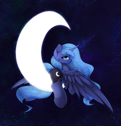 Size: 4184x4368 | Tagged: safe, artist:hitbass, princess luna, alicorn, pony, g4, absurd resolution, crescent moon, cute, female, looking at you, looking back, looking back at you, lunabetes, mare, moon, moonbutt, night, profile, sky, smiling, solo, tangible heavenly object, transparent moon