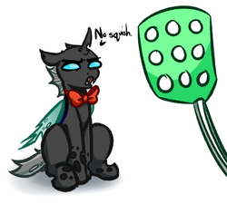 Size: 4000x3600 | Tagged: safe, artist:witchtaunter, oc, oc only, oc:suskii, changeling, bowtie, bugs doing bug things, changeling oc, denied, flyswatter, simple background, solo, white background