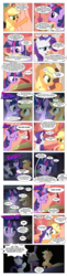 Size: 868x3543 | Tagged: safe, artist:dziadek1990, edit, edited screencap, screencap, applejack, rarity, twilight sparkle, comic:sunny day, g4, look before you sleep, comic, conversation, decapitated, dialogue, dungeons and dragons, golden oaks library, library, pen and paper rpg, rpg, scared, screencap comic, slice of life, tabletop game, text