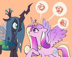Size: 2145x1710 | Tagged: safe, artist:dotoriii, princess cadance, queen chrysalis, alicorn, changeling, changeling queen, pony, g4, angry, female, heart, infidelity, lesbian, mare, pictogram, quadrupedal, ship:cadalis, shipping