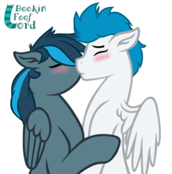 Size: 861x870 | Tagged: safe, artist:dookin, oc, oc only, oc:niveous, oc:rosy firefly, pegasus, pony, blushing, cute, eyes closed, floppy ears, gay, kiss on the lips, kissing, male, oc x oc, shipping, simple background, spread wings, stallion, transparent background, wings