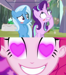Size: 500x562 | Tagged: safe, edit, edited screencap, screencap, pinkie pie, starlight glimmer, trixie, coinky-dink world, equestria girls, g4, my little pony equestria girls: summertime shorts, student counsel, female, heart eyes, lesbian, meme, pinkie's eyes, ship:startrix, shipping, wingding eyes