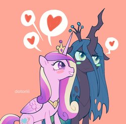 Size: 2187x2139 | Tagged: safe, artist:dotoriii, princess cadance, queen chrysalis, alicorn, changeling, changeling queen, pony, g4, blush sticker, blushing, concave belly, female, heart, high res, infidelity, lesbian, mare, pictogram, quadrupedal, ship:cadalis, shipping, slender, thin, tsundalis