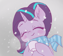 Size: 1140x1010 | Tagged: safe, artist:t72b, derpibooru exclusive, starlight glimmer, pony, unicorn, g4, blushing, bust, clothes, cold, cup, cute, eyes closed, female, glimmerbetes, hoof hold, mare, scarf, simple background, smiling, snow, snowfall, solo, steam, teacup, transparent background