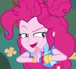 Size: 1196x1080 | Tagged: safe, screencap, pinkie pie, accountibilibuddies, accountibilibuddies: pinkie pie, equestria girls, g4, my little pony equestria girls: better together, clothes, cropped, devious, devious smile, female, geode of sugar bombs, hands together, jewelry, lidded eyes, magical geodes, wristband
