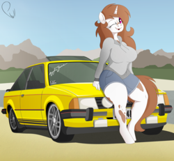 Size: 1500x1385 | Tagged: safe, artist:phyll, oc, oc:pampa, anthro, car, clothes, ford, ford escort, hoodie, road, shorts, simple background